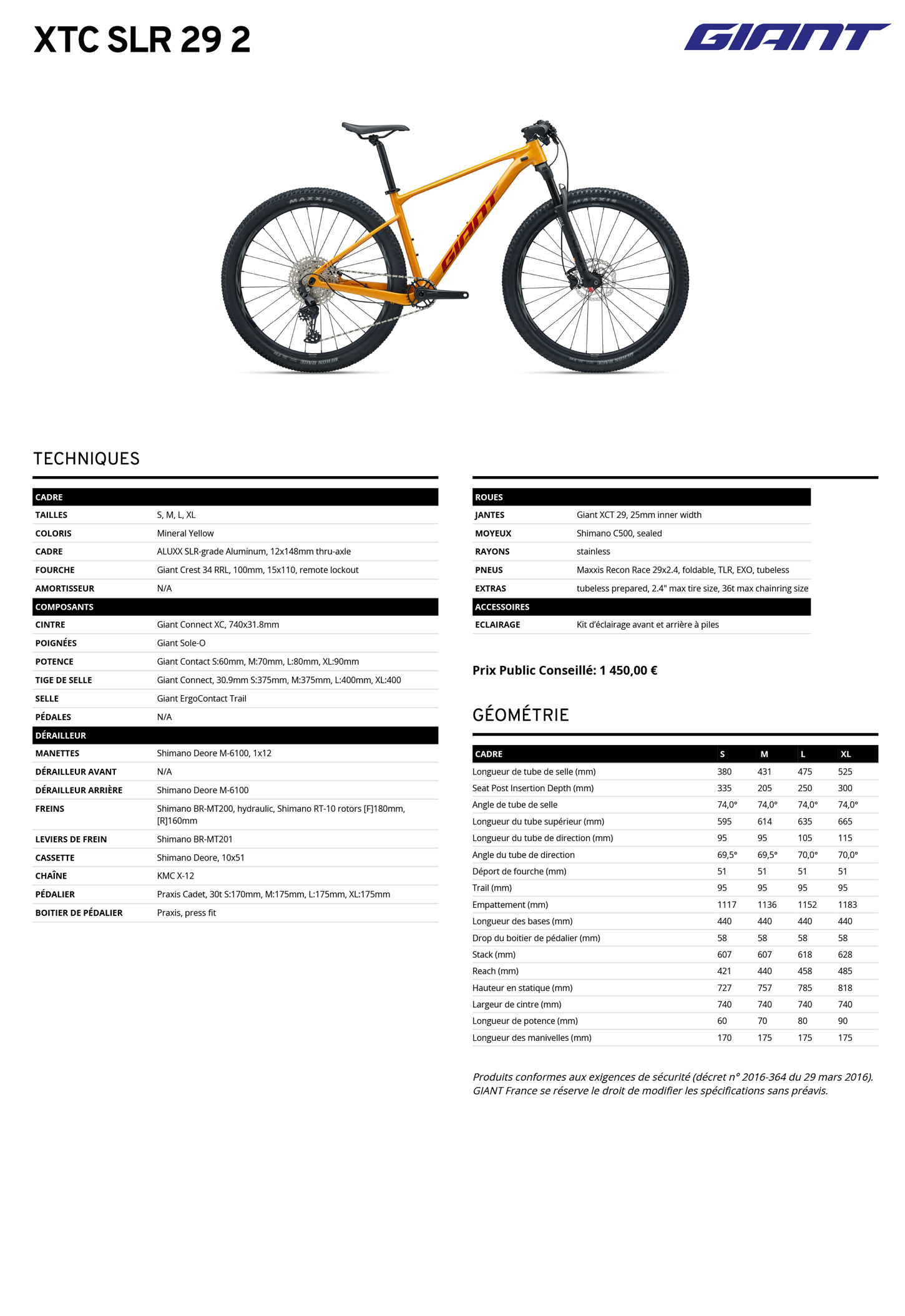 Fiche technique du velo XTC SLR 29 2 année 2027